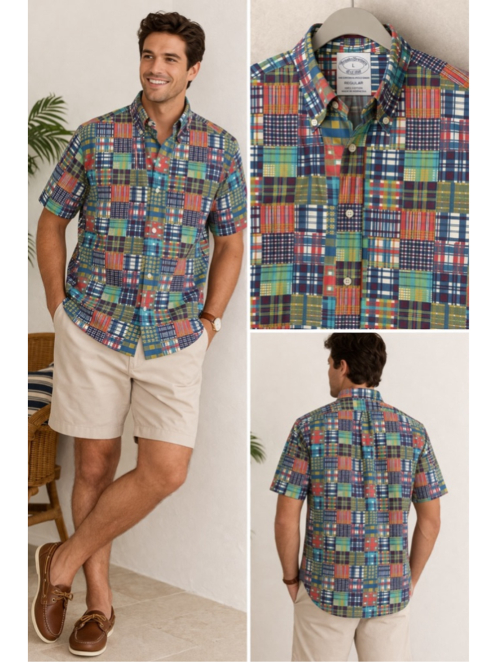 Brooks Brothers Shirt Mens L Patchwork Madras Plaid Short Sleeve Cotton Prep